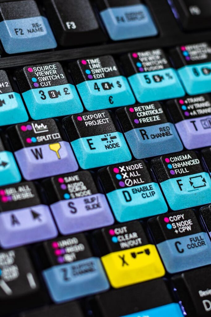A close up of a keyboard with colorful keys